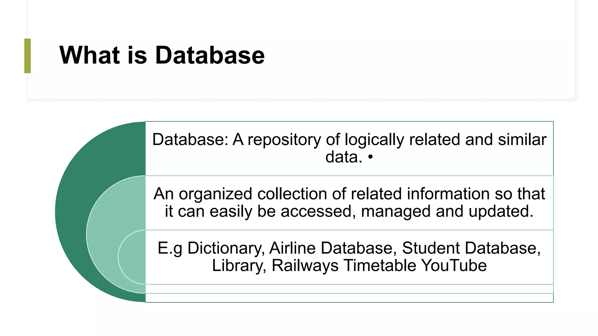 What is Database
Database: A repository of logically related and similar
data. •
An organized collection of related information so that
it can easily be accessed, managed and updated.
E.g Dictionary, Airline Database, Student Database,
Library, Railways Timetable YouTube
 