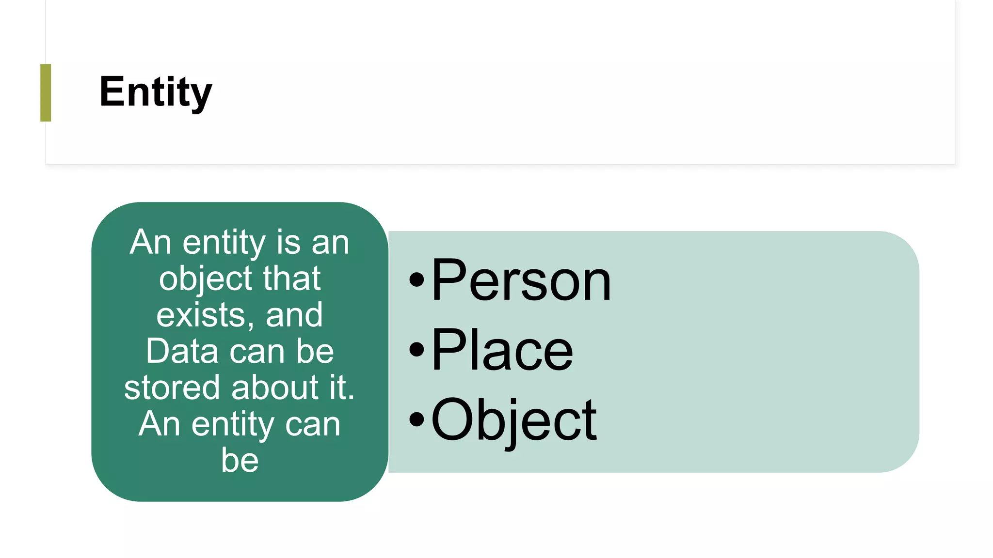 Entity
•Person
•Place
•Object
An entity is an
object that
exists, and
Data can be
stored about it.
An entity can
be
 