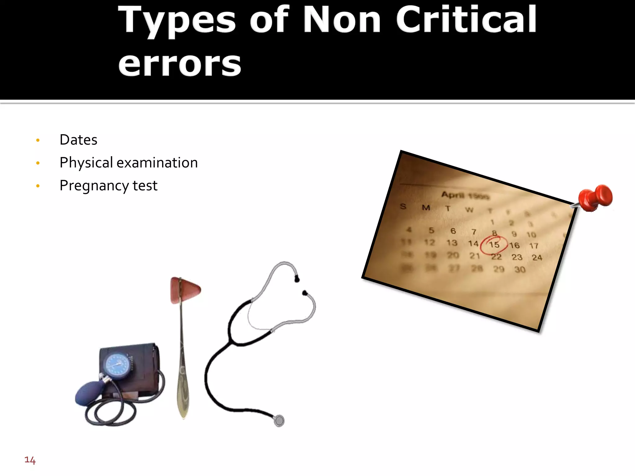 • Dates
• Physical examination
• Pregnancy test
14
 