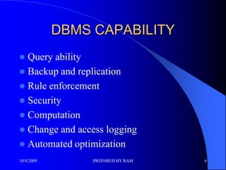 INTRODUCTIONA database is a collection of information categorized by specific fields. Databases are usually searchable by keywords.A collection of related electronic records in a standardized format, searchable in a variety of ways, such as title, author, subject, and keyword.10/6/20092PREPARED BY RAM
