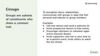 Groups
Groups are subsets
of constituents who
share a common
trait.
Groups
To strengthen donor relationships,
communicate with groups in ways that feel
personal and relevant to group members.
Examples:
● Call new donors and send a welcome kit.
● Invite prospective donors to free events.
● Encourage volunteers to volunteer again
and to become donors.
● Invite supporters who live in your area to
an in-person event; invite others to watch
the live stream.
 