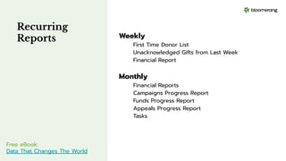 Recurring
Reports
Free eBook:
Data That Changes The World
Weekly
First Time Donor List
Unacknowledged Gifts from Last Week
Financial Report
Monthly
Financial Reports
Campaigns Progress Report
Funds Progress Report
Appeals Progress Report
Tasks
 