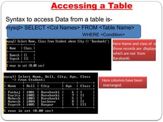 Here Name and class of only
those records are displayed
which are not from
Barabanki.
Here columns have been
rearranged.
Accessing a Table
Syntax to access Data from a table is-
mysql> SELECT <Col Names> FROM <Table Name>
WHERE <Condition>
 