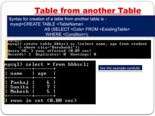 Table from another Table
See the example carefully
Syntax for creation of a table from another table is -
mysql>CREATE TABLE <TableName>
AS (SELECT <Cols> FROM <ExistingTable>
WHERE <Condition>);
 