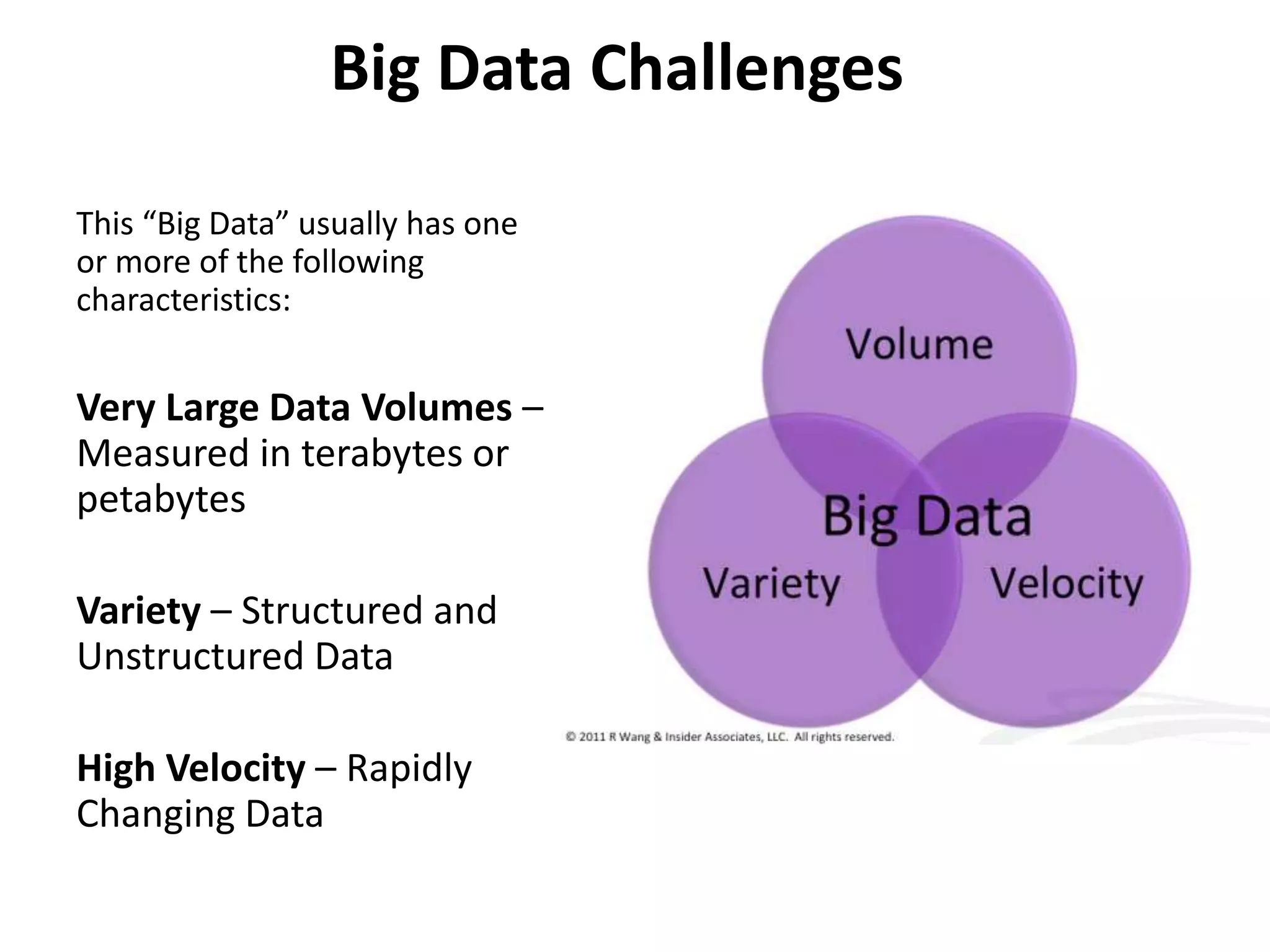Big Data Challenges
This “Big Data” usually has one
or more of the following
characteristics:
Very Large Data Volumes –
Measured in terabytes or
petabytes
Variety – Structured and
Unstructured Data
High Velocity – Rapidly
Changing Data
 