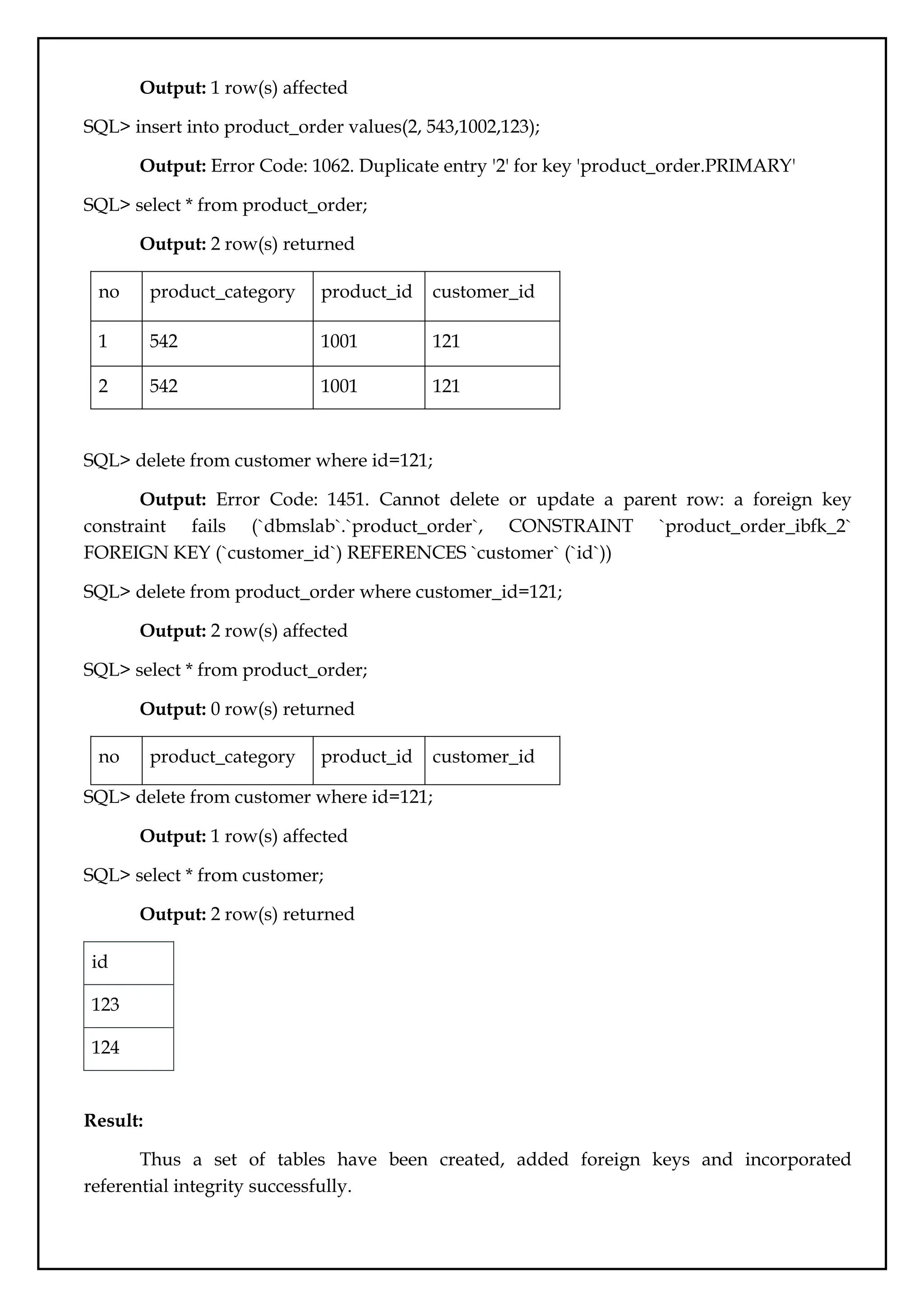 Output: 1 row(s) affected
SQL> insert into product_order values(2, 543,1002,123);
Output: Error Code: 1062. Duplicate entry '2' for key 'product_order.PRIMARY'
SQL> select * from product_order;
Output: 2 row(s) returned
no product_category product_id customer_id
1 542 1001 121
2 542 1001 121
SQL> delete from customer where id=121;
Output: Error Code: 1451. Cannot delete or update a parent row: a foreign key
constraint fails (`dbmslab`.`product_order`, CONSTRAINT `product_order_ibfk_2`
FOREIGN KEY (`customer_id`) REFERENCES `customer` (`id`))
SQL> delete from product_order where customer_id=121;
Output: 2 row(s) affected
SQL> select * from product_order;
Output: 0 row(s) returned
no product_category product_id customer_id
SQL> delete from customer where id=121;
Output: 1 row(s) affected
SQL> select * from customer;
Output: 2 row(s) returned
id
123
124
Result:
Thus a set of tables have been created, added foreign keys and incorporated
referential integrity successfully.
 