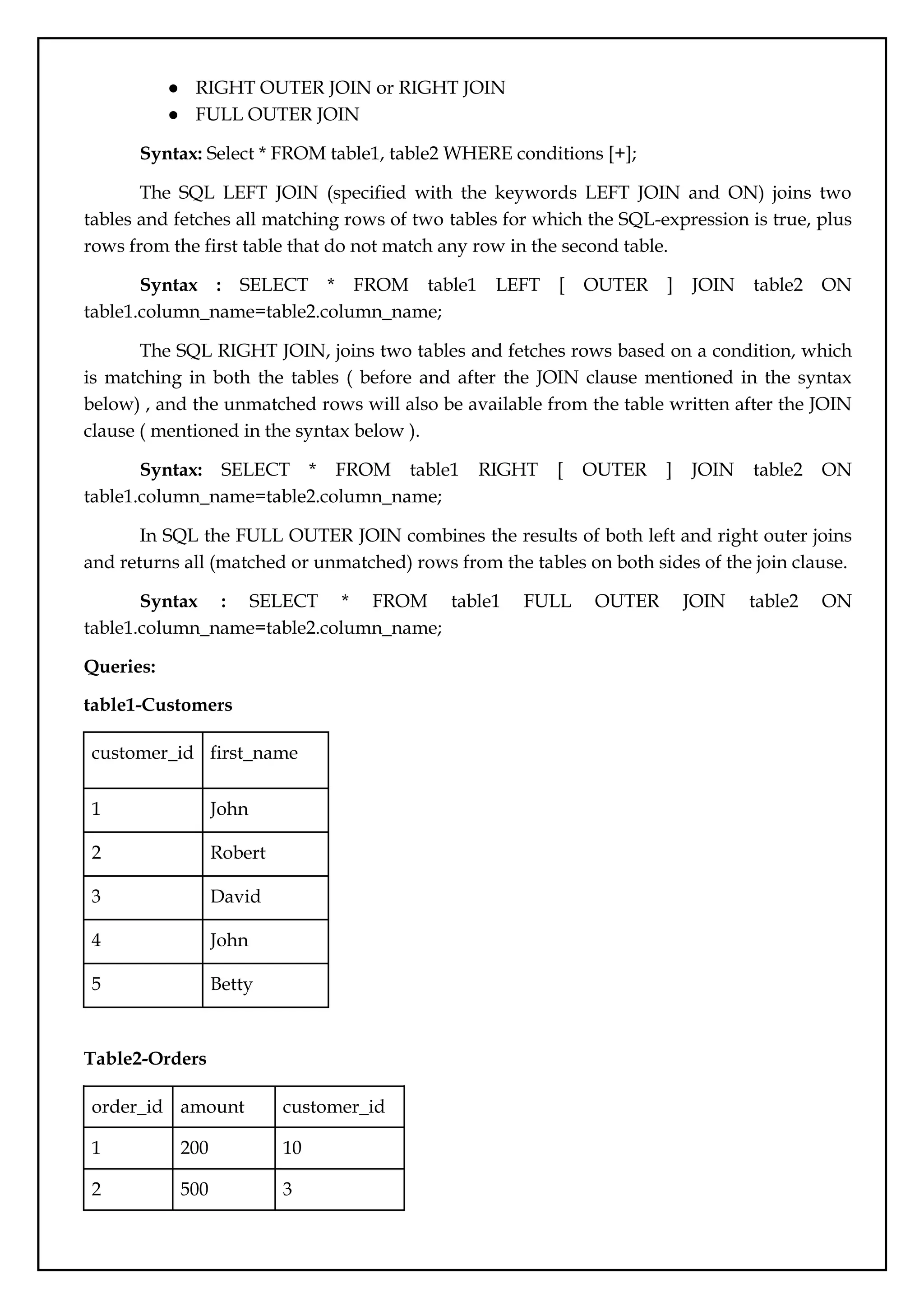 ● RIGHT OUTER JOIN or RIGHT JOIN
● FULL OUTER JOIN
Syntax: Select * FROM table1, table2 WHERE conditions [+];
The SQL LEFT JOIN (specified with the keywords LEFT JOIN and ON) joins two
tables and fetches all matching rows of two tables for which the SQL-expression is true, plus
rows from the first table that do not match any row in the second table.
Syntax : SELECT * FROM table1 LEFT [ OUTER ] JOIN table2 ON
table1.column_name=table2.column_name;
The SQL RIGHT JOIN, joins two tables and fetches rows based on a condition, which
is matching in both the tables ( before and after the JOIN clause mentioned in the syntax
below) , and the unmatched rows will also be available from the table written after the JOIN
clause ( mentioned in the syntax below ).
Syntax: SELECT * FROM table1 RIGHT [ OUTER ] JOIN table2 ON
table1.column_name=table2.column_name;
In SQL the FULL OUTER JOIN combines the results of both left and right outer joins
and returns all (matched or unmatched) rows from the tables on both sides of the join clause.
Syntax : SELECT * FROM table1 FULL OUTER JOIN table2 ON
table1.column_name=table2.column_name;
Queries:
table1-Customers
customer_id first_name
1 John
2 Robert
3 David
4 John
5 Betty
Table2-Orders
order_id amount customer_id
1 200 10
2 500 3
 