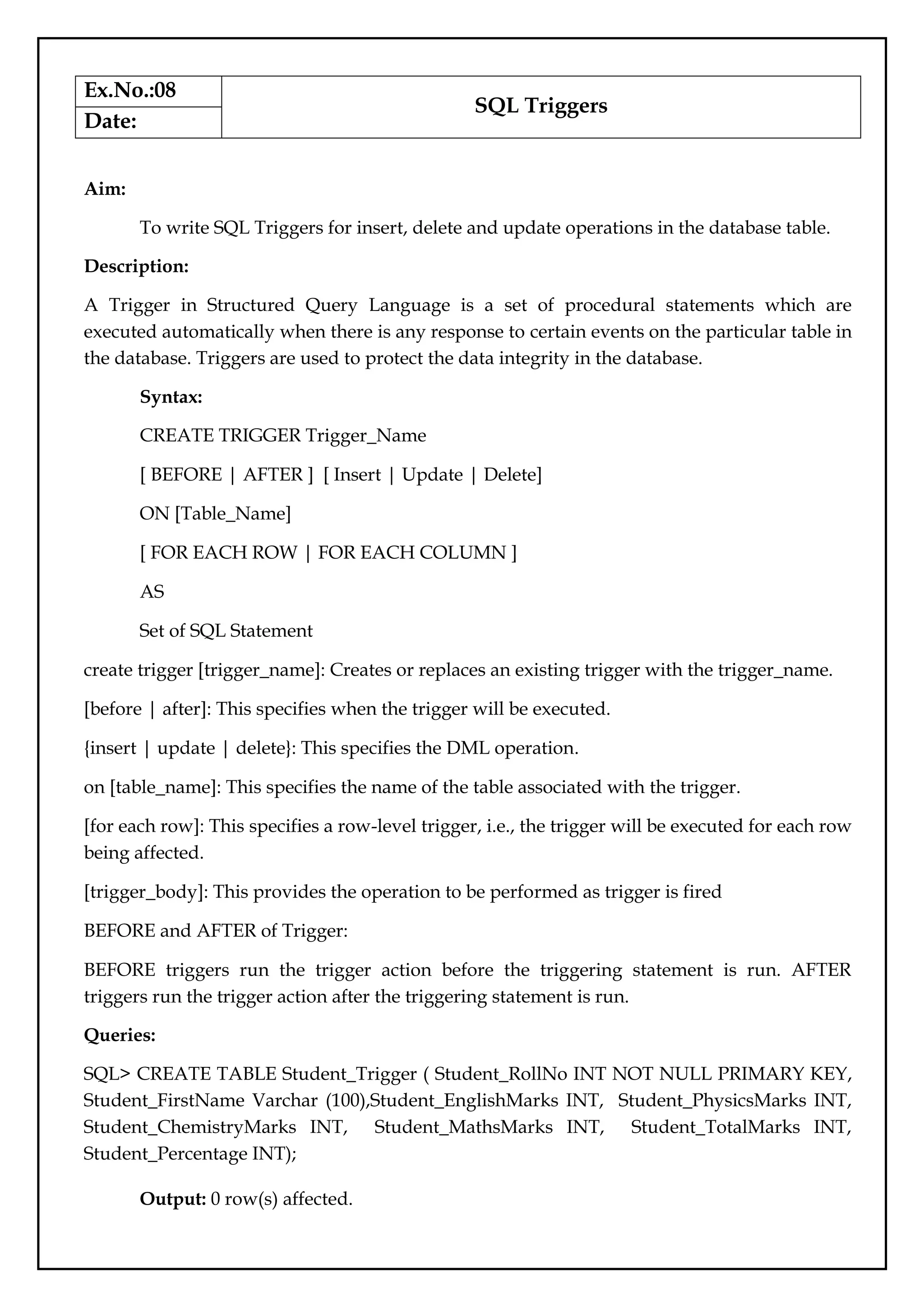 Ex.No.:08
SQL Triggers
Date:
Aim:
To write SQL Triggers for insert, delete and update operations in the database table.
Description:
A Trigger in Structured Query Language is a set of procedural statements which are
executed automatically when there is any response to certain events on the particular table in
the database. Triggers are used to protect the data integrity in the database.
Syntax:
CREATE TRIGGER Trigger_Name
[ BEFORE | AFTER ] [ Insert | Update | Delete]
ON [Table_Name]
[ FOR EACH ROW | FOR EACH COLUMN ]
AS
Set of SQL Statement
create trigger [trigger_name]: Creates or replaces an existing trigger with the trigger_name.
[before | after]: This specifies when the trigger will be executed.
{insert | update | delete}: This specifies the DML operation.
on [table_name]: This specifies the name of the table associated with the trigger.
[for each row]: This specifies a row-level trigger, i.e., the trigger will be executed for each row
being affected.
[trigger_body]: This provides the operation to be performed as trigger is fired
BEFORE and AFTER of Trigger:
BEFORE triggers run the trigger action before the triggering statement is run. AFTER
triggers run the trigger action after the triggering statement is run.
Queries:
SQL> CREATE TABLE Student_Trigger ( Student_RollNo INT NOT NULL PRIMARY KEY,
Student_FirstName Varchar (100),Student_EnglishMarks INT, Student_PhysicsMarks INT,
Student_ChemistryMarks INT, Student_MathsMarks INT, Student_TotalMarks INT,
Student_Percentage INT);
Output: 0 row(s) affected.
 