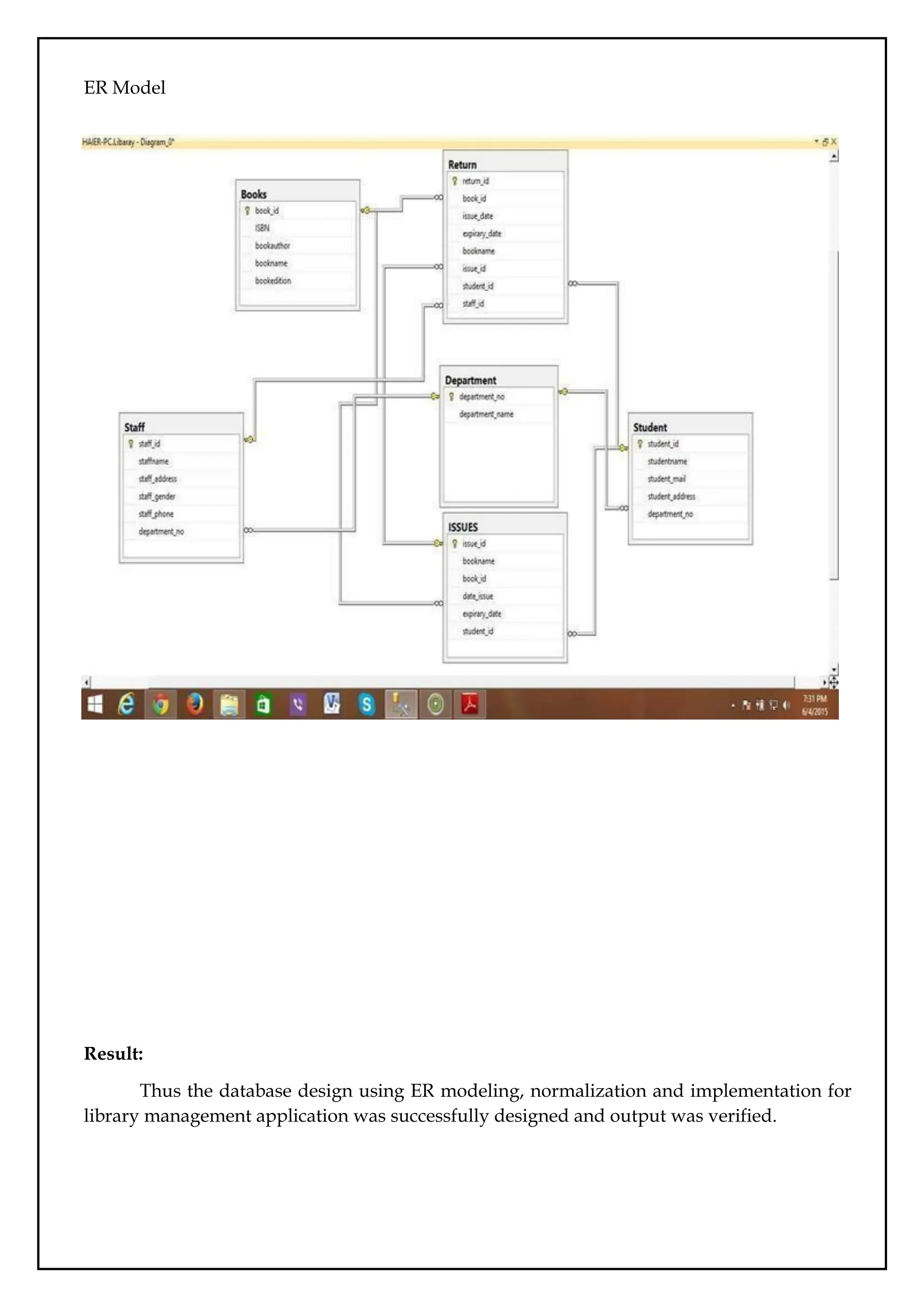 ER Model
Result:
Thus the database design using ER modeling, normalization and implementation for
library management application was successfully designed and output was verified.
 