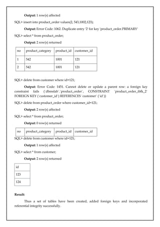 Output: 1 row(s) affected
SQL> insert into product_order values(2, 543,1002,123);
Output: Error Code: 1062. Duplicate entry '2' for key 'product_order.PRIMARY'
SQL> select * from product_order;
Output: 2 row(s) returned
no product_category product_id customer_id
1 542 1001 121
2 542 1001 121
SQL> delete from customer where id=121;
Output: Error Code: 1451. Cannot delete or update a parent row: a foreign key
constraint fails (`dbmslab`.`product_order`, CONSTRAINT `product_order_ibfk_2`
FOREIGN KEY (`customer_id`) REFERENCES `customer` (`id`))
SQL> delete from product_order where customer_id=121;
Output: 2 row(s) affected
SQL> select * from product_order;
Output: 0 row(s) returned
no product_category product_id customer_id
SQL> delete from customer where id=121;
Output: 1 row(s) affected
SQL> select * from customer;
Output: 2 row(s) returned
id
123
124
Result:
Thus a set of tables have been created, added foreign keys and incorporated
referential integrity successfully.
 