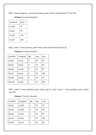SQL> select company, cost from product_mast where cost between 75 and 150;
Output : 4 row(s) returned
company price
Com2 75
Com1 75
Com3 120
Com1 150
SQL> select * from product_mast where rate not between 20 and 25;
Output: 6 row(s) returned
product company qty rate cost
Item1 Com1 2 10 20
Item3 Com1 2 30 60
Item4 Com3 5 10 50
Item7 Com1 5 30 150
Item8 Com1 3 10 30
Item10 Com3 4 30 120
SQL> select * from product_mast where qty>2 union select * from product_mast where
cost>50;
Output: 7 row(s) returned.
product company qty rate cost
Item2 Com2 3 25 75
Item4 Com3 5 10 50
Item6 Com1 3 25 75
Item7 Com1 5 30 150
Item8 Com1 3 10 30
 