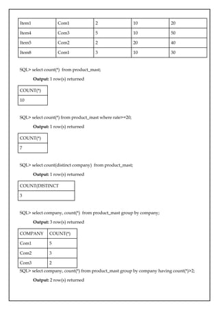 Item1 Com1 2 10 20
Item4 Com3 5 10 50
Item5 Com2 2 20 40
Item8 Com1 3 10 30
SQL> select count(*) from product_mast;
Output: 1 row(s) returned
COUNT(*)
10
SQL> select count(*) from product_mast where rate>=20;
Output: 1 row(s) returned
COUNT(*)
7
SQL> select count(distinct company) from product_mast;
Output: 1 row(s) returned
COUNT(DISTINCT
COMPANY)
3
SQL> select company, count(*) from product_mast group by company;
Output: 3 row(s) returned
COMPANY COUNT(*)
Com1 5
Com2 3
Com3 2
SQL> select company, count(*) from product_mast group by company having count(*)>2;
Output: 2 row(s) returned
 