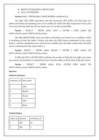 ● RIGHT OUTER JOIN or RIGHT JOIN
● FULL OUTER JOIN
Syntax: Select * FROM table1, table2 WHERE conditions [+];
The SQL LEFT JOIN (specified with the keywords LEFT JOIN and ON) joins two
tables and fetches all matching rows of two tables for which the SQL-expression is true, plus
rows from the first table that do not match any row in the second table.
Syntax : SELECT * FROM table1 LEFT [ OUTER ] JOIN table2 ON
table1.column_name=table2.column_name;
The SQL RIGHT JOIN, joins two tables and fetches rows based on a condition, which
is matching in both the tables ( before and after the JOIN clause mentioned in the syntax
below) , and the unmatched rows will also be available from the table written after the JOIN
clause ( mentioned in the syntax below ).
Syntax: SELECT * FROM table1 RIGHT [ OUTER ] JOIN table2 ON
table1.column_name=table2.column_name;
In SQL the FULL OUTER JOIN combines the results of both left and right outer joins
and returns all (matched or unmatched) rows from the tables on both sides of the join clause.
Syntax : SELECT * FROM table1 FULL OUTER JOIN table2 ON
table1.column_name=table2.column_name;
Queries:
table1-Customers
customer_id first_name
1 John
2 Robert
3 David
4 John
5 Betty
Table2-Orders
order_id amount customer_id
1 200 10
2 500 3
 