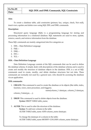 Ex.No.:01
SQL DDL and DML Commands, SQL Constraints
Date:
Aim:
To create a database table, add constraints (primary key, unique, check, Not null),
insert rows, update and delete rows using SQL DDL and DML commands.
Description:
Structured query language (SQL) is a programming language for storing and
processing information in a relational database. SQL statements are used to store, update,
remove, search, and retrieve information from the database.
These SQL commands are mainly categorized into five categories as:
1. DDL – Data Definition Language
2. DQL –
3. DML –
4. DCL –
5. TCL –
DDL – Data Definition Language
Data Definition Language consists of the SQL commands that can be used to define
the database schema. It simply deals with descriptions of the database schema and is used to
create and modify the structure of database objects in the database. DDL is a set of SQL
commands used to create, modify, and delete database structures but not data. These
commands are normally not used by a general user, who should be accessing the database
via an application.
DDL commands:
1. CREATE: This command is used to create the database or its objects (like table, index,
function, views, store procedure, and triggers).
name(column_1 datatype, column_2 datatype,
column_3 datatype, ....);
2. DROP: This command is used to delete objects from the database.
Syntax: DROP TABLE table_name;
3. ALTER: This is used to alter the structure of the database.
Syntax: To add new column in the table
ALTER TABLE table_name ADD column_name datatype;
To change the datatype of a column in the table:
ALTER TABLE table_name MODIFY COLUMN column_name datatype;
 