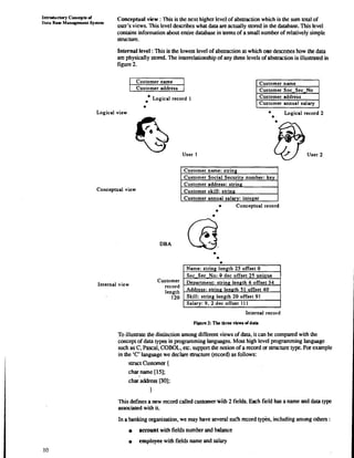 Introductory Conceptf of 
Data Base Management System 
Conceptual view : This is the next higher level of abstraction which is the sum total of 
user's views. This level describes what data are actually stored in the database. This level 
contains information about entire database in terms of a small number of relatively simple 
structure. 
Internal level : This is the lowest level of abstraction at which one describes how the data 
are physically stored. The interrelationship of any three levels of abstraction is illustrated in 
figure 2. 
Logical record 1 
Logical view 
Conceptual view 
User 1 
Logical record 2 @ User 2 
Conceptual record 
DBA @, 
1 Name: string length 25 offset 0 I 
- [ Soc Sec ?$x4 dec offset 25 unique 1 
Internal view record 
Internal record 
Rgure 2: The three dews of data 
To illustrate the distinction among different views of data, it can be compared with the 
concept of data types in programminghtguages. Most high level programming language 
such as C, Pascal, COBOL, etc. support the notion of a record or structure type. For example 
in the 'C' language we declare structure (record) as follows: 
smt Customer { 
char name [15]; 
char'address [30]; 
1 
This defmes a new record called custolllerFjith 2 fields. Each field has a name and data type 
associated with it. 
In a banking organisation, we may have several such record types, including among others : 
account with fields number and balance 
employee with fields name and salary 
 