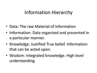Information Hierarchy
• Data: The raw Material of Information
• Information: Data organized and presented in
a particular manner.
• Knowledge: Justified True belief. Information
that can be acted upon.
• Wisdom: Integrated knowledge. High level
understanding
 