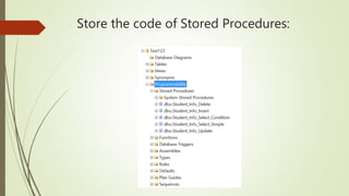 Store the code of Stored Procedures:
 