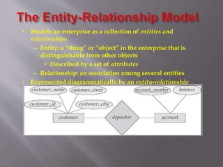 • Models an enterprise as a collection of entities and
relationships
– Entity: a “thing” or “object” in the enterprise that is
distinguishable from other objects
• Described by a set of attributes
– Relationship: an association among several entities
• Represented diagrammatically by an entity-relationship
diagram:
 