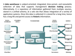 A data warehouse is subject-oriented, integrated, time-variant, and nonvolatile
collection of data that supports management decision making process.
Alternatively, it a repository of information gathered from multiple sources,
stored in a unified schema, at a sole site that allows integration of a variety of
application systems. Once this data is collected it is stored for a long time, hence
has a long life and permit access to historic information.
 