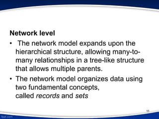Network level
• The network model expands upon the
hierarchical structure, allowing many-to-
many relationships in a tree-like structure
that allows multiple parents.
• The network model organizes data using
two fundamental concepts,
called records and sets
11
 