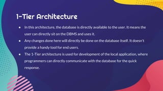 1-Tier Architecture
● In this architecture, the database is directly available to the user. It means the
user can directly sit on the DBMS and uses it.
● Any changes done here will directly be done on the database itself. It doesn't
provide a handy tool for end users.
● The 1-Tier architecture is used for development of the local application, where
programmers can directly communicate with the database for the quick
response.
 