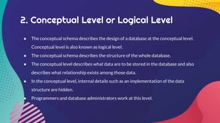2. Conceptual Level or Logical Level
● The conceptual schema describes the design of a database at the conceptual level.
Conceptual level is also known as logical level.
● The conceptual schema describes the structure of the whole database.
● The conceptual level describes what data are to be stored in the database and also
describes what relationship exists among those data.
● In the conceptual level, internal details such as an implementation of the data
structure are hidden.
● Programmers and database administrators work at this level.
 