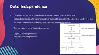 Data Independence
● Data independence can be explained using the three-schema architecture.
● Data independence refers characteristic of being able to modify the schema at one level of the
database system without altering the schema at the next higher level.
There are two types of data independence:
1. Logical Data Independence
2. Physical Data Independence
 