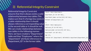 3) Referential Integrity Constraint
Referential Integrity Constraint
ensures that there always exists a valid
relationship between two tables.This
makes sure that if a foreign key exists in
a table relationship then it should
always reference a corresponding value
in the second table or it should be null.
We can create relationships between
two tables in the following manner.
Here, we have created a “Department”
table and then “Employees” where the
“department” attribute references to
Department_ID” in the former table.
 