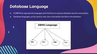 Database Language
● A DBMS has appropriate languages and interfaces to express database queries and updates.
● Database languages can be used to read, store and update the data in the database.
 