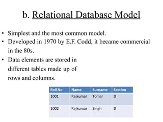 b. Relational Database Model
• Simplest and the most common model.
• Developed in 1970 by E.F. Codd, it became commercial
in the 80s.
• Data elements are stored in
different tables made up of
rows and columns.
Roll No Name Surname Section
1001 Rajkumar Tomar D
1002 Rajkumar Singh D
 