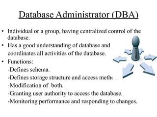 Database Administrator (DBA)
• Individual or a group, having centralized control of the
database.
• Has a good understanding of database and
coordinates all activities of the database.
• Functions:
-Defines schema.
-Defines storage structure and access method.
-Modification of both.
-Granting user authority to access the database.
-Monitoring performance and responding to changes.
 