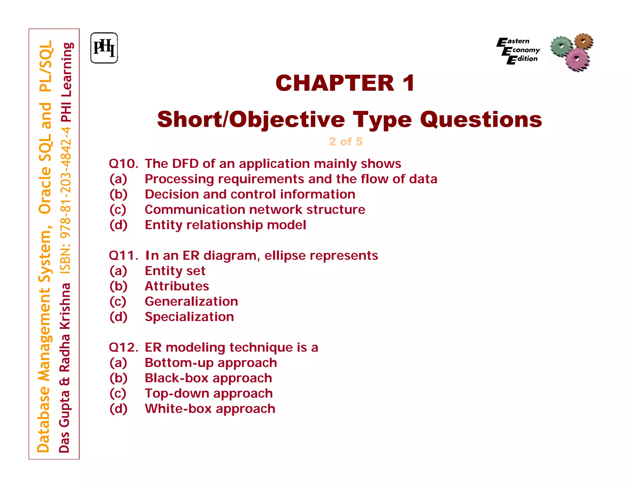 CHAPTER 1
Short/Objective Type Questions
2 of 5

Q10.
(a)
(b)
(c)
(d)

The DFD of an application mainly shows
Processing requirements and the flow of data
Decision and control information
Communication network structure
Entity relationship model

Q11.
(a)
(b)
(c)
(d)

In an ER diagram, ellipse represents
Entity set
Attributes
Generalization
Specialization

Q12.
(a)
(b)
(c)
(d)

ER modeling technique is a
Bottom-up approach
Black-box approach
Top-down approach
White-box approach

 