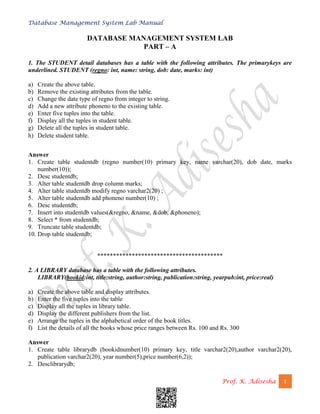 Database Management System Lab Manual
Prof. K. Adisesha 1
DATABASE MANAGEMENT SYSTEM LAB
PART – A
1. The STUDENT detail databases has a table with the following attributes. The primarykeys are
underlined. STUDENT (regno: int, name: string, dob: date, marks: int)
a) Create the above table.
b) Remove the existing attributes from the table.
c) Change the date type of regno from integer to string.
d) Add a new attribute phoneno to the existing table.
e) Enter five tuples into the table.
f) Display all the tuples in student table.
g) Delete all the tuples in student table.
h) Delete student table.
Answer
1. Create table studentdb (regno number(10) primary key, name varchar(20), dob date, marks
number(10));
2. Desc studentdb;
3. Alter table studentdb drop column marks;
4. Alter table studentdb modify regno varchar2(20) ;
5. Alter table studentdb add phoneno number(10) ;
6. Desc studentdb;
7. Insert into studentdb values(&regno, &name, &dob, &phoneno);
8. Select * from studentdb;
9. Truncate table studentdb;
10. Drop table studentdb;
****************************************
2. A LIBRARY database has a table with the following attributes.
LIBRARY(bookid:int, title:string, author:string, publication:string, yearpub:int, price:real)
a) Create the above table and display attributes.
b) Enter the five tuples into the table
c) Display all the tuples in library table.
d) Display the different publishers from the list.
e) Arrange the tuples in the alphabetical order of the book titles.
f) List the details of all the books whose price ranges between Rs. 100 and Rs. 300
Answer
1. Create table librarydb (bookidnumber(10) primary key, title varchar2(20),author varchar2(20),
publication varchar2(20), year number(5),price number(6,2));
2. Desclibrarydb;
 