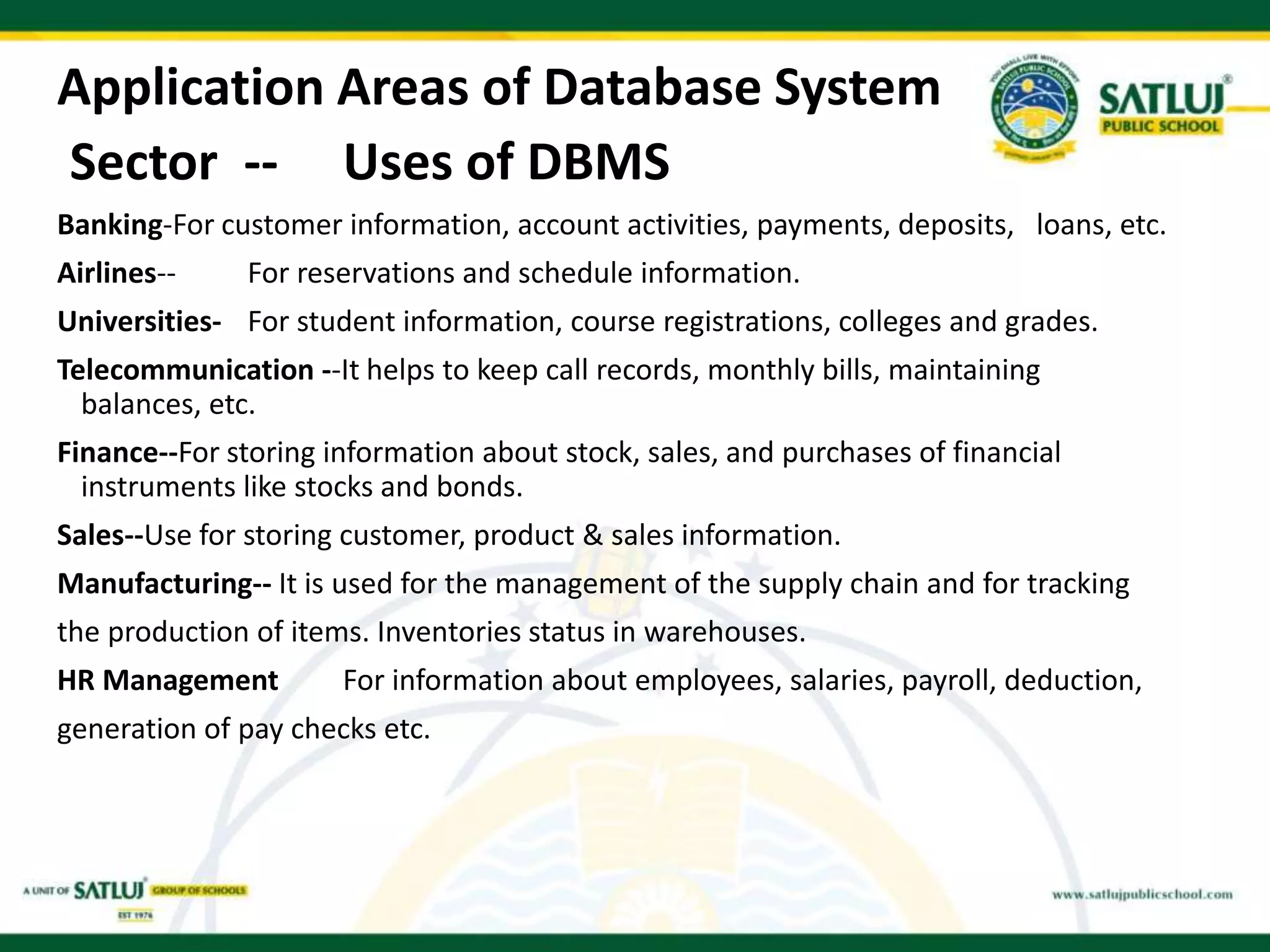 Application Areas of Database System
Sector -- Uses of DBMS
Banking-For customer information, account activities, payments, deposits, loans, etc.
Airlines-- For reservations and schedule information.
Universities- For student information, course registrations, colleges and grades.
Telecommunication --It helps to keep call records, monthly bills, maintaining
balances, etc.
Finance--For storing information about stock, sales, and purchases of financial
instruments like stocks and bonds.
Sales--Use for storing customer, product & sales information.
Manufacturing-- It is used for the management of the supply chain and for tracking
the production of items. Inventories status in warehouses.
HR Management For information about employees, salaries, payroll, deduction,
generation of pay checks etc.
 