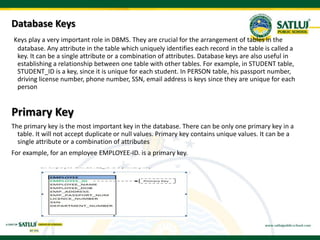 Database Keys
Keys play a very important role in DBMS. They are crucial for the arrangement of tables in the
database. Any attribute in the table which uniquely identifies each record in the table is called a
key. It can be a single attribute or a combination of attributes. Database keys are also useful in
establishing a relationship between one table with other tables. For example, in STUDENT table,
STUDENT_ID is a key, since it is unique for each student. In PERSON table, his passport number,
driving license number, phone number, SSN, email address is keys since they are unique for each
person
Primary Key
The primary key is the most important key in the database. There can be only one primary key in a
table. It will not accept duplicate or null values. Primary key contains unique values. It can be a
single attribute or a combination of attributes
For example, for an employee EMPLOYEE-ID. is a primary key.
 