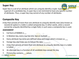 Super Key
Super key is a set of an attribute which can uniquely identify a tuple. Super key is a
superset of a candidate key. A super key is not restricted to have any specific number
of attributes. Thus, a super key may consist of any number of attributes.
Composite Key
A key that consists of more than one attribute to uniquely identify rows (also known as
records & tuples) in a table is called composite key. In other words, when a record
cannot be uniquely identified by a single field, in such cases a composite key is used.
ASSESSMENT
1. Full form of RDBMS is
2. In Relation key, every row has one, two or multiple
3. Every attribute has some pre-defined value and scope which is known as
4. Foreign key also helps you to reduce the data _
5. A key that consists of more than one attribute to uniquely identify rows in a table
is Called
6. An alternate key is a function of all candidate keys except the key.
7. Primary key contains values.
 