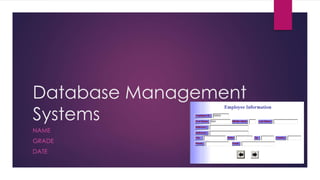 Database Management
Systems
NAME
GRADE
DATE
 