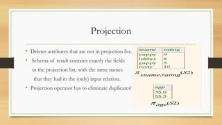 Projection
• Deletes attributes that are not in projection list.
• Schema of result contains exactly the fields
in the projection list, with the same names
that they had in the (only) input relation.
• Projection operator has to eliminate duplicates!
 