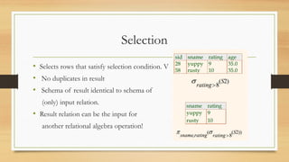 Selection
• Selects rows that satisfy selection condition. V
• No duplicates in result
• Schema of result identical to schema of
(only) input relation.
• Result relation can be the input for
another relational algebra operation!
 