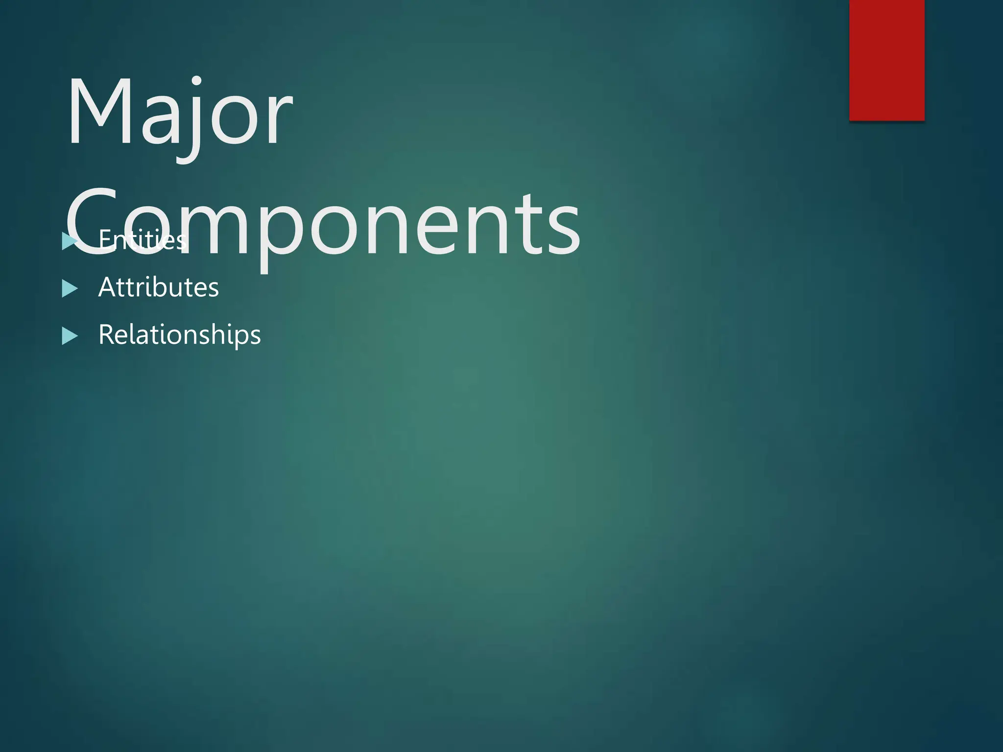 Major
Components
 Entities
 Attributes
 Relationships
 