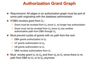 Authorization Grant Graph
 Requirement: All edges in an authorization graph must be part of
some path originating with the database administrator
 If DBA revokes grant from U1:
 Grant must be revoked from U4 since U1 no longer has authorization
 Grant must not be revoked from U5 since U5 has another
authorization path from DBA through U2
 Must prevent cycles of grants with no path from the root:
 DBA grants authorization to U7
 U7 grants authorization to U8
 U8 grants authorization to U7
 DBA revokes authorization from U7
 Must revoke grant U7 to U8 and from U8 to U7 since there is no
path from DBA to U7 or to U8 anymore.
 