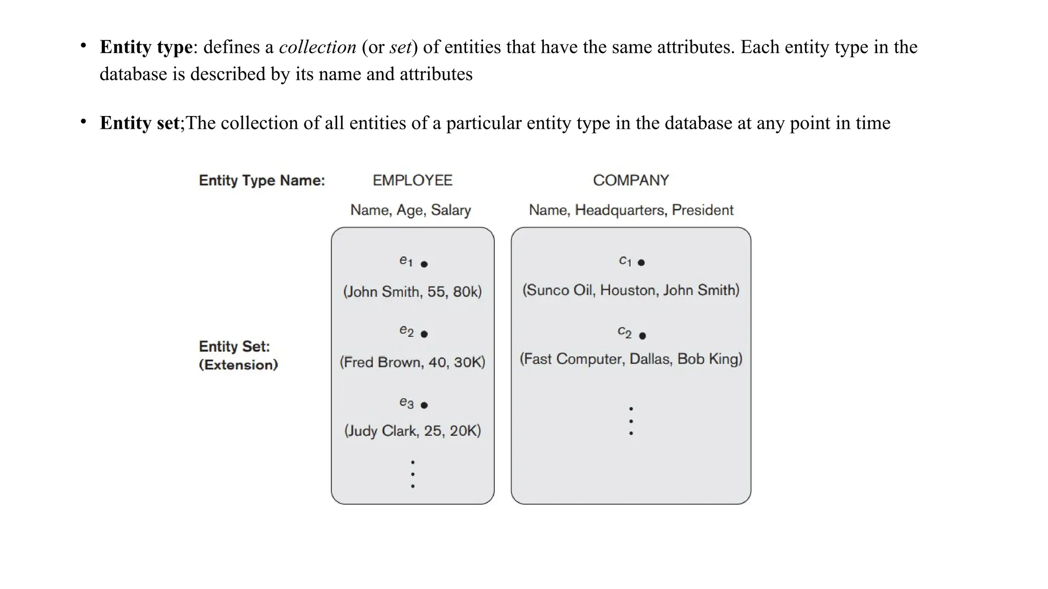 • Entity type: defines a collection (or set) of entities that have the same attributes. Each entity type in the
database is described by its name and attributes
• Entity set;The collection of all entities of a particular entity type in the database at any point in time
 