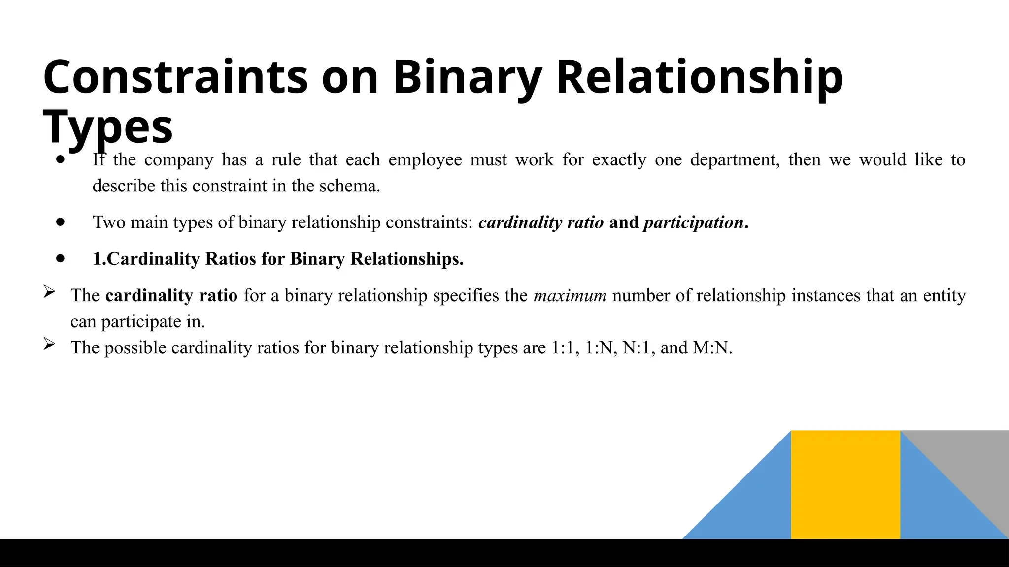 Constraints on Binary Relationship
Types
● If the company has a rule that each employee must work for exactly one department, then we would like to
describe this constraint in the schema.
● Two main types of binary relationship constraints: cardinality ratio and participation.
● 1.Cardinality Ratios for Binary Relationships.
 The cardinality ratio for a binary relationship specifies the maximum number of relationship instances that an entity
can participate in.
 The possible cardinality ratios for binary relationship types are 1:1, 1:N, N:1, and M:N.
 