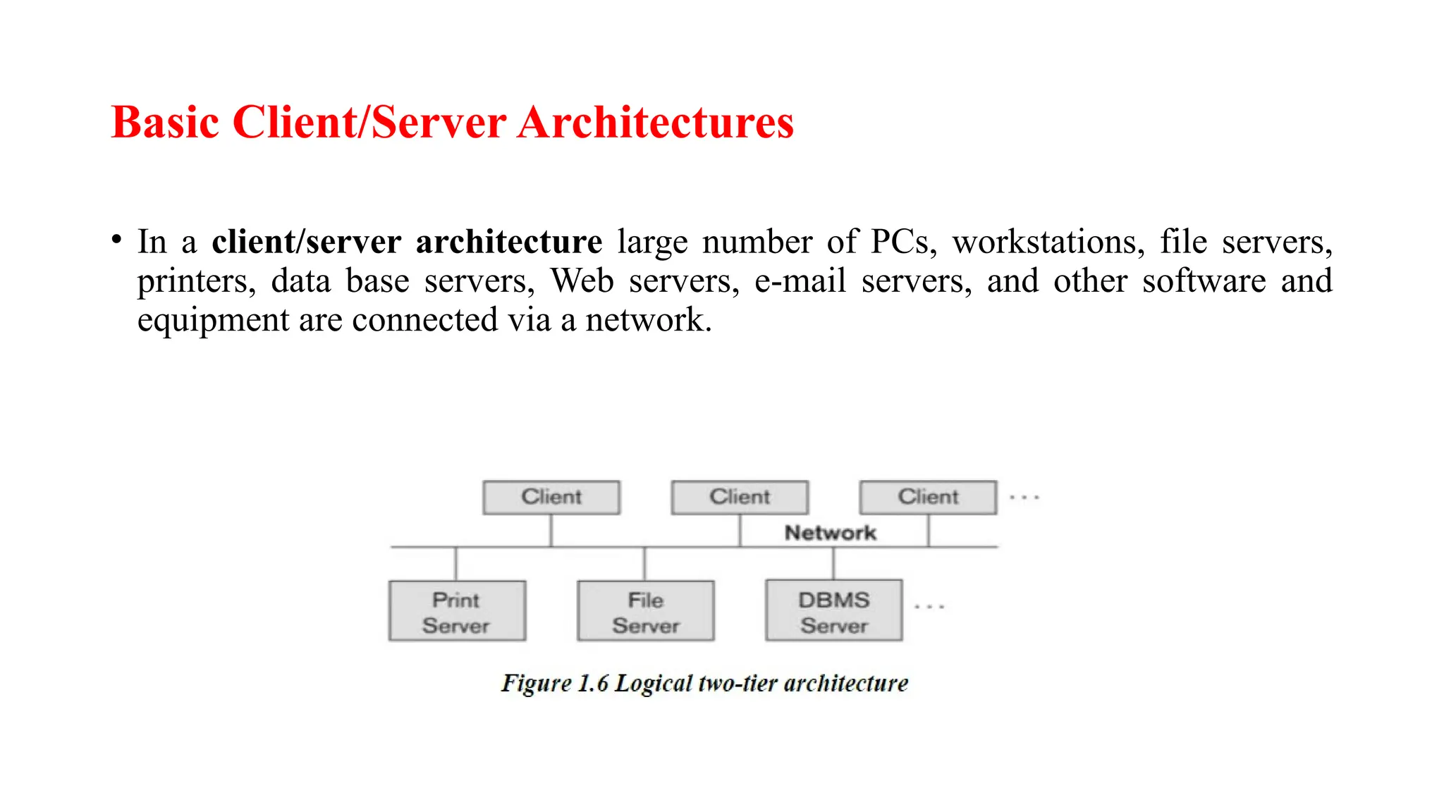 Basic Client/Server Architectures
• In a client/server architecture large number of PCs, workstations, file servers,
printers, data base servers, Web servers, e-mail servers, and other software and
equipment are connected via a network.
 
