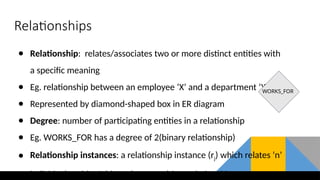 Relationships
● Relationship: relates/associates two or more distinct entities with
a specific meaning
● Eg. relationship between an employee ‘X’ and a department ‘Y’
● Represented by diamond-shaped box in ER diagram
● Degree: number of participating entities in a relationship
● Eg. WORKS_FOR has a degree of 2(binary relationship)
● Relationship instances: a relationship instance (rj) which relates ‘n’
individual entities/objects (e1,e2,...en) in a relationship
WORKS_FOR
 