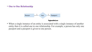 • One to One Relationship
• When a single instance of an entity is associated with a single instance of another
entity then it is called one to one relationship. For example, a person has only one
passport and a passport is given to one person.
 