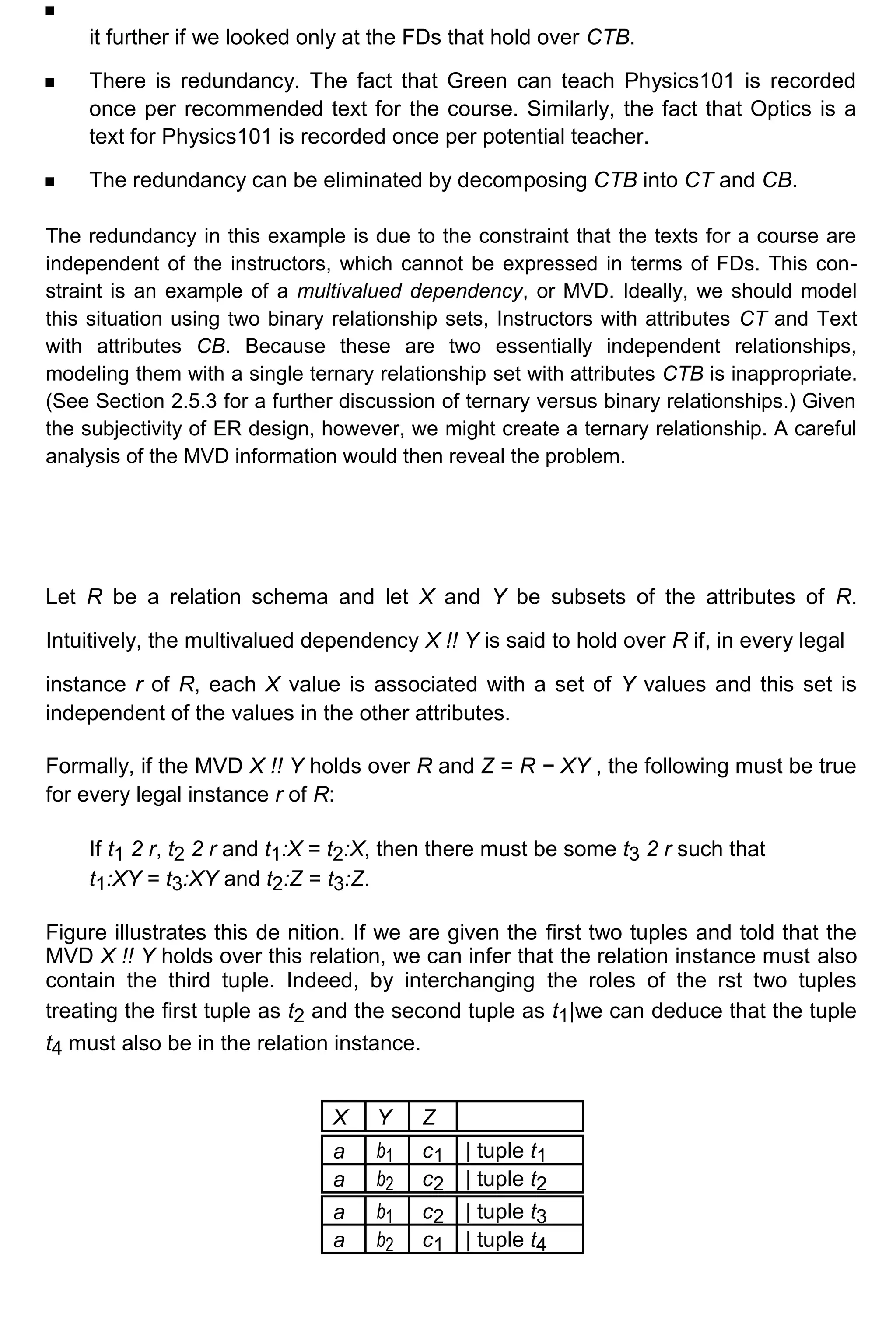 it further if we looked only at the FDs that hold over CTB. There is redundancy. The fact that Green can teach Physics101 is recorded once per recommended text for the course. Similarly, the fact that Optics is a text for Physics101 is recorded once per potential teacher. The redundancy can be eliminated by decomposing CTB into CT and CB. The redundancy in this example is due to the constraint that the texts for a course are independent of the instructors, which cannot be expressed in terms of FDs. This con- straint is an example of a multivalued dependency, or MVD. Ideally, we should model this situation using two binary relationship sets, Instructors with attributes CT and Text with attributes CB. Because these are two essentially independent relationships, modeling them with a single ternary relationship set with attributes CTB is inappropriate. (See Section 2.5.3 for a further discussion of ternary versus binary relationships.) Given the subjectivity of ER design, however, we might create a ternary relationship. A careful analysis of the MVD information would then reveal the problem. Let R be a relation schema and let X and Y be subsets of the attributes of R. Intuitively, the multivalued dependency X !! Y is said to hold over R if, in every legal instance r of R, each X value is associated with a set of Y values and this set is independent of the values in the other attributes. Formally, if the MVD X !! Y holds over R and Z = R − XY , the following must be true for every legal instance r of R: If t1 2 r, t2 2 r and t1:X = t2:X, then there must be some t3 2 r such that t1:XY = t3:XY and t2:Z = t3:Z. Figure illustrates this de nition. If we are given the first two tuples and told that the MVD X !! Y holds over this relation, we can infer that the relation instance must also contain the third tuple. Indeed, by interchanging the roles of the rst two tuples treating the first tuple as t2 and the second tuple as t1|we can deduce that the tuple t4 must also be in the relation instance. X Y Z a b1 c1 | tuple t1 a b2 c2 | tuple t2 a b1 c2 | tuple t3 a b2 c1 | tuple t4 