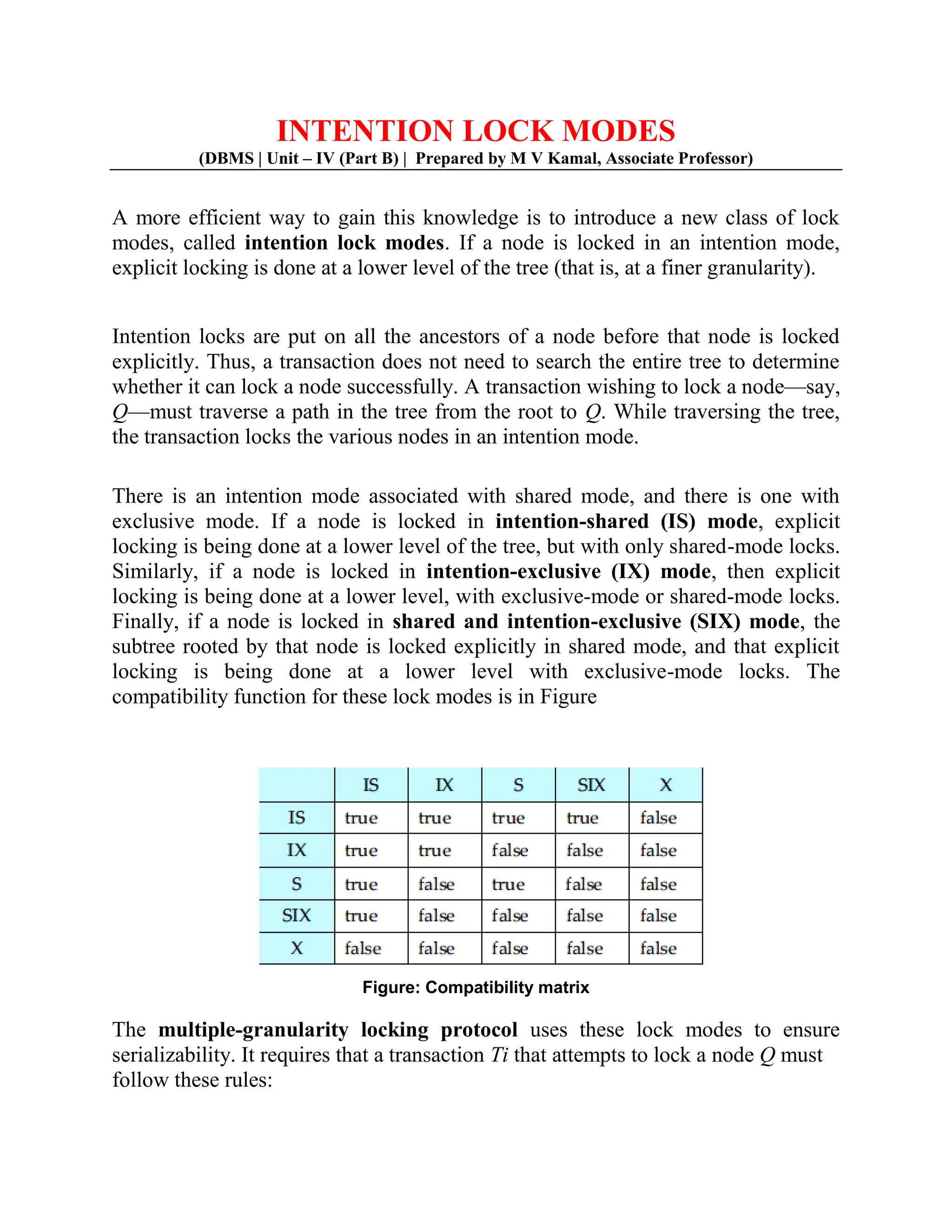INTENTION LOCK MODES (DBMS | Unit – IV (Part B) | Prepared by M V Kamal, Associate Professor) A more efficient way to gain this knowledge is to introduce a new class of lock modes, called intention lock modes. If a node is locked in an intention mode, explicit locking is done at a lower level of the tree (that is, at a finer granularity). Intention locks are put on all the ancestors of a node before that node is locked explicitly. Thus, a transaction does not need to search the entire tree to determine whether it can lock a node successfully. A transaction wishing to lock a node—say, Q—must traverse a path in the tree from the root to Q. While traversing the tree, the transaction locks the various nodes in an intention mode. There is an intention mode associated with shared mode, and there is one with exclusive mode. If a node is locked in intention-shared (IS) mode, explicit locking is being done at a lower level of the tree, but with only shared-mode locks. Similarly, if a node is locked in intention-exclusive (IX) mode, then explicit locking is being done at a lower level, with exclusive-mode or shared-mode locks. Finally, if a node is locked in shared and intention-exclusive (SIX) mode, the subtree rooted by that node is locked explicitly in shared mode, and that explicit locking is being done at a lower level with exclusive-mode locks. The compatibility function for these lock modes is in Figure Figure: Compatibility matrix The multiple-granularity locking protocol uses these lock modes to ensure serializability. It requires that a transaction Ti that attempts to lock a node Q must follow these rules: 