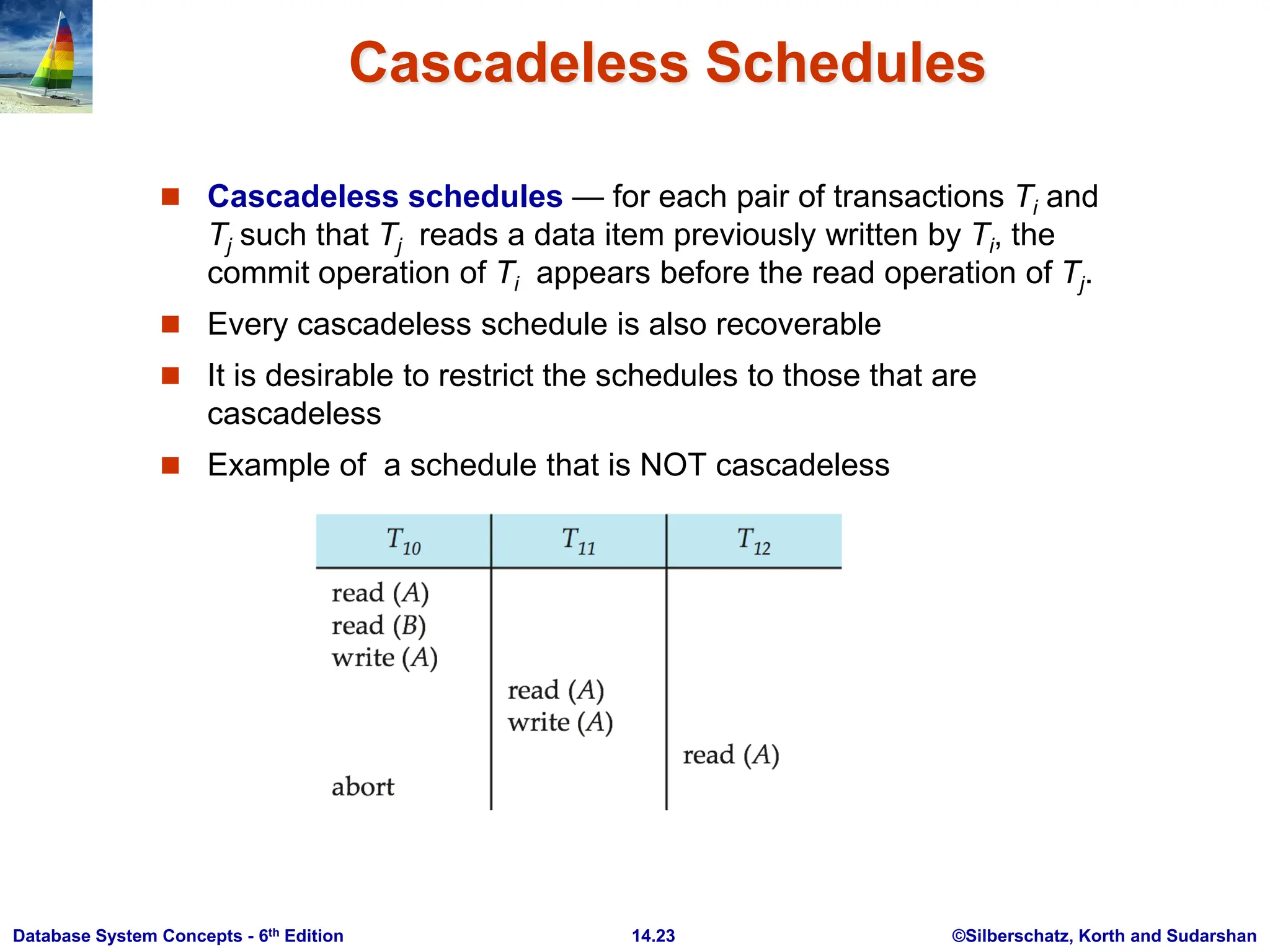 ©Silberschatz, Korth and Sudarshan 14.23 Database System Concepts - 6th Edition Cascadeless Schedules  Cascadeless schedules — for each pair of transactions Ti and Tj such that Tj reads a data item previously written by Ti, the commit operation of Ti appears before the read operation of Tj.  Every cascadeless schedule is also recoverable  It is desirable to restrict the schedules to those that are cascadeless  Example of a schedule that is NOT cascadeless 