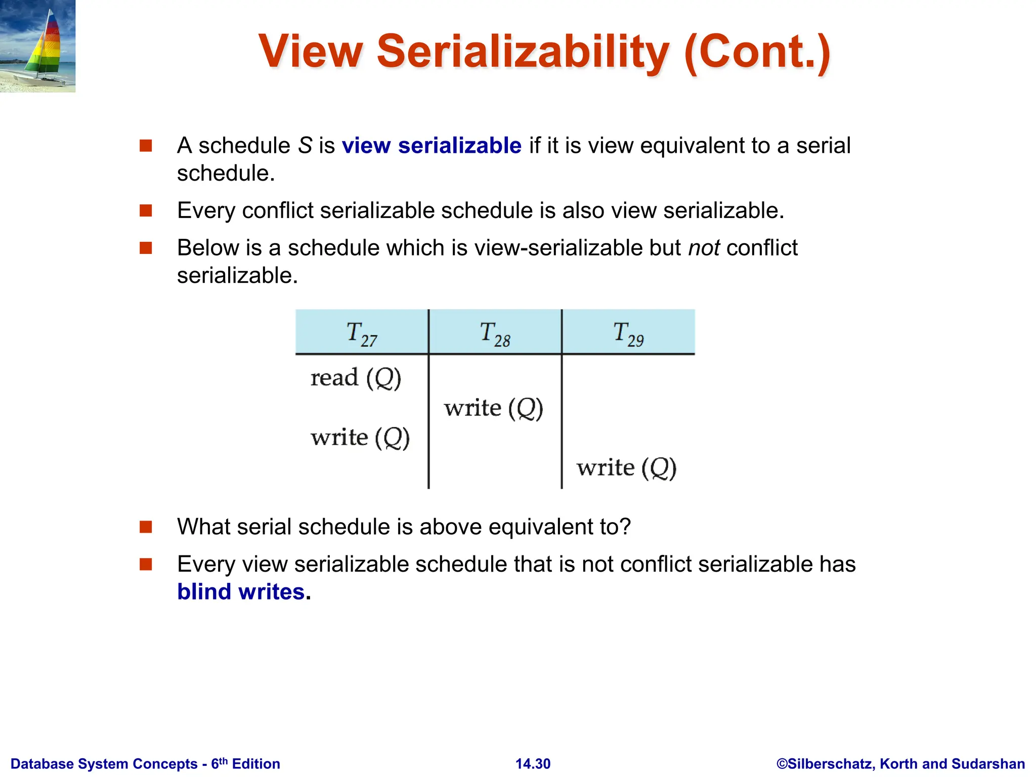 ©Silberschatz, Korth and Sudarshan 14.30 Database System Concepts - 6th Edition View Serializability (Cont.)  A schedule S is view serializable if it is view equivalent to a serial schedule.  Every conflict serializable schedule is also view serializable.  Below is a schedule which is view-serializable but not conflict serializable.  What serial schedule is above equivalent to?  Every view serializable schedule that is not conflict serializable has blind writes. 